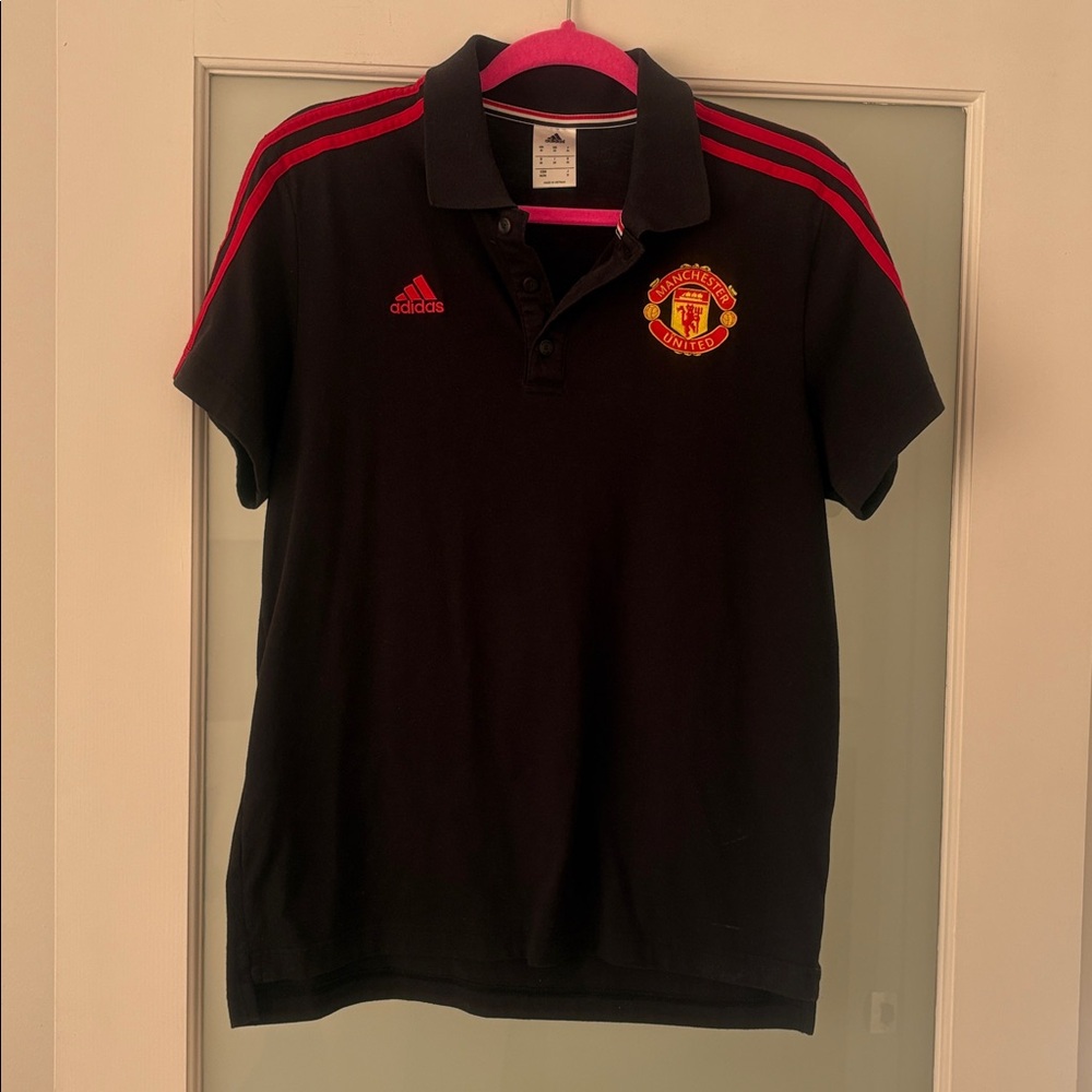 Adidas Manchester United Black Polo Shirt Red Stripes | Soccer Football | Size M